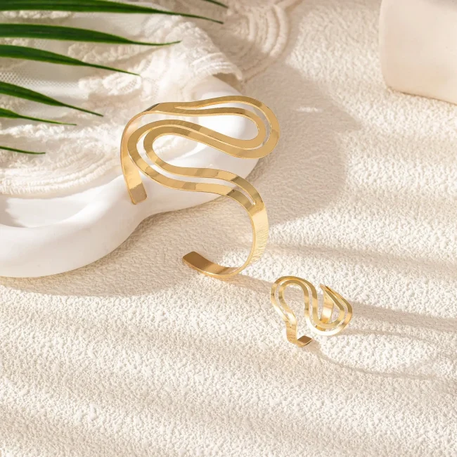 Minimalist 2PCS Gold-plated Snake Shaped Bracelet Bangles for Women Fashion Metal Girls Geometric Ring Jewelry Sets 5