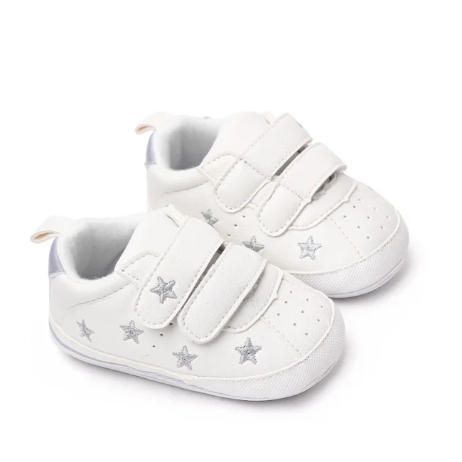 Baby White PU Sneaker Non-slip for Toddler Boys and Girls Cute Embroidery Stars and Hearts 4