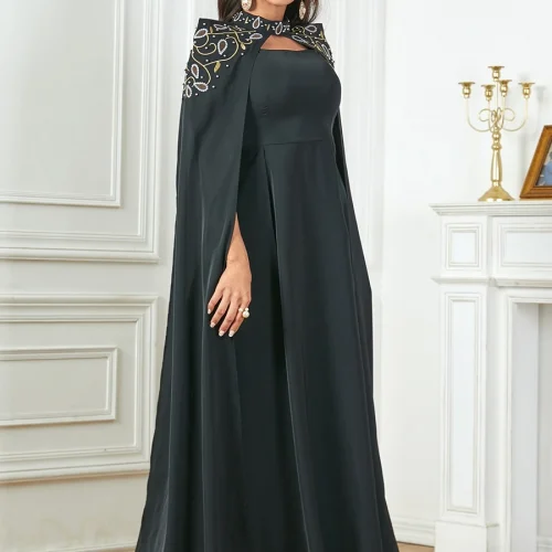 Siskakia Dubai Fashion Solid Evening Party Gown Turkish Women Long Dresses With Cloak Moroccan Kaftan Saudi Clothing 1