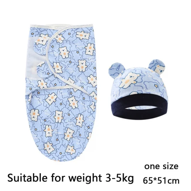 Baby Blanket Hat Set Cartoon Printed Cotton Newborn Swaddle Adjustable Infant Sleeping Swaddle Wraps All Seasons 0-6 Months 3