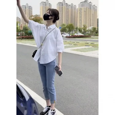 Cotton Mid-sleeve Thin Woman Blous Shir 2024 Summer New Loose Fashion Irregular Shirt Casual Vacation Top Korean Women's Clothes 4