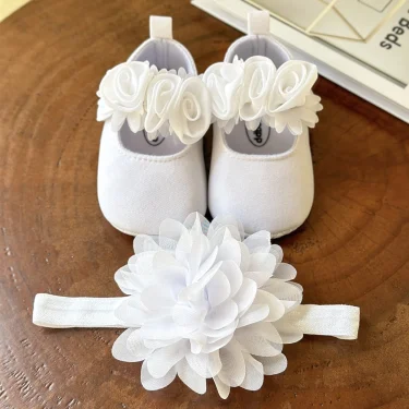 2pcs Baby Girls Flat Shoes With Flower Decor Princess Crib Shoes First Walker Shoes & Headband For Newborn Infant 4