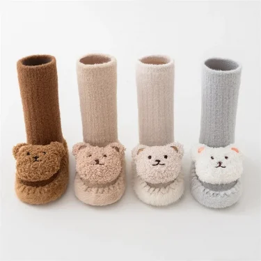 Autumn Winter Infant Leather Sole Shoes Mink Velvet Thicken Warm Newborn Baby Walking Socks Shoe Cartoon Bear Kids Floor Socken 1