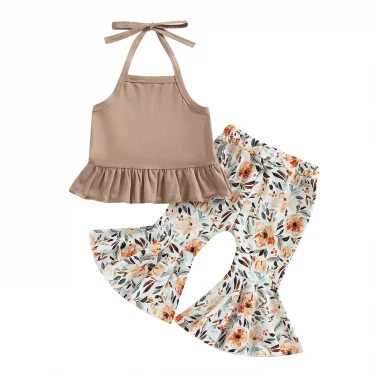 Newborn Baby Girl Summer Clothes Knit Halter Romper Leopard/Sunflower Bell Bottoms Pant Summer Outfit (Apricot, 0-24 Months) 1
