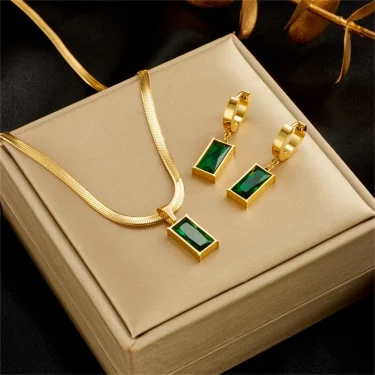 316L Stainless Steel Vintage Green Zircon Square Shape Pendant Charms Chain Necklaces Earrings Fashion High Jewelry Party Gifts 1