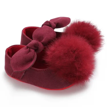 Cute Red 0-18M Newborn Baby Girl Plush Ball Decoration Princess Shoes Children's Crib Sole Anti Slip First Walking Shoes 2