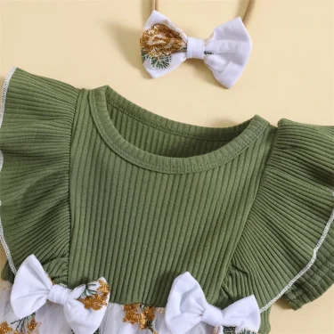 Infant Newborn Baby Girl Romper Dress Flower Embroidery Knit Rib Ruffles Crew Neck Jumpsuit Summer Bodysuit Bow Headband 3