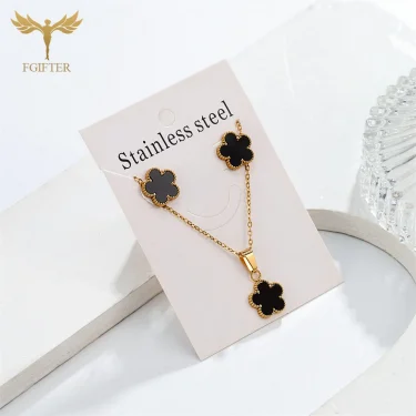 Fashion Black Flower Jewelry Set Golden Stainless Steel Stud Earrings Pendant Necklace Chain Woman Brand Jewelry Accessories 1