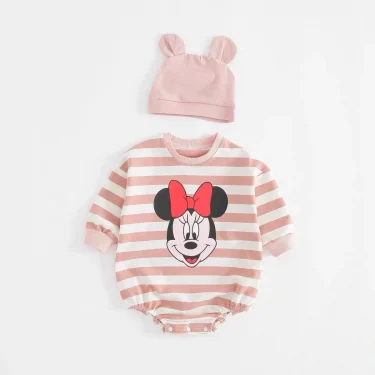 Striped Bodysuit +Knitted Hat Newborn Clothes New Cartoon Print Long Sleeve Jumpsuits Baby Cute Fashion Triangle Pants Rompers 3