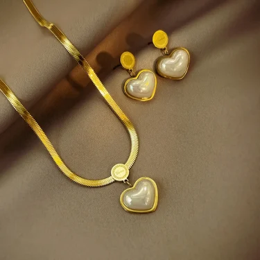 316L Stainless Steel Fashion High-end Jewelry Carving Love Heart Shape Pearl Charms Chain Choker Necklaces Earrings For Women 1