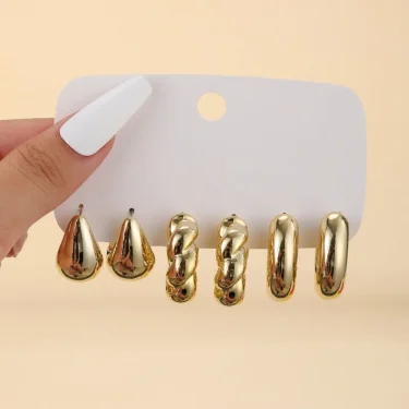 6 Pieces of Retro Smooth Water Droplet C-shaped Earring Set for Women, Geometric Gold Circular Earrings, Earrings, Jewelry Gifts 3