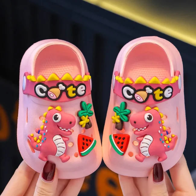 Summer Childrens Slippers Hole Kids Sandals Soft Anti-Skid Cartoon Dinosaur DIY Design Indoor Anti-Slip Boys Girls Beach Shoes 3