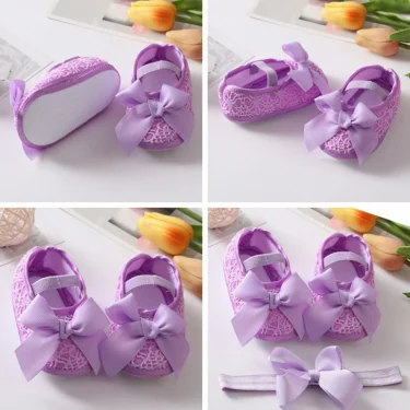 Girls Shoes +Hairband Newborn Toddlers First Walkers Baby Bowknot Princess Shoes Soft Sole Non-slip Footwear Infant Crib Shoes 5