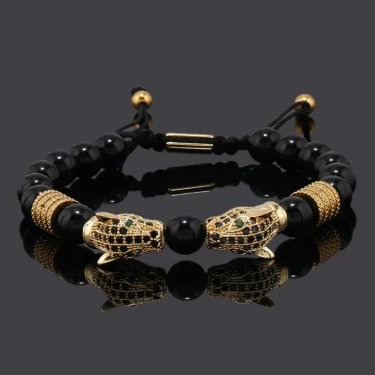 Luxury Black Stone Beads Man Bracelet Leopard Head Charms Women Bracelets Couple Jewelry Valentine's Day 1