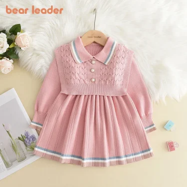 Bear Leader Kids Dresses for Girls Pearl Button Tricolor Striped Lapel Knit Skirt Winter College Style Children's Clothing 1