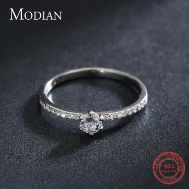 Modian Solid 925 Sterling Silver Simple Round Clear CZ Finger Rings For Women & Girls Cassic Wedding Statement Fine Jewelry Gift 5