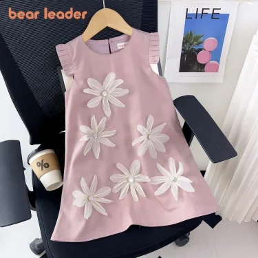 Bear Leader 2-7 Year Old Children's Wedding Birthday Party Clothing Summer Girl Princess Beige 3D Flower Tank Top Dress 2