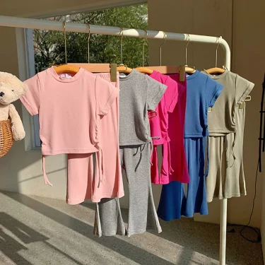 2-8 Years Old Solid Color Fashionable Casual Girl Drawstring Short Sleeved+Flared Pants Two-Piece Set Children Sets Summer 1