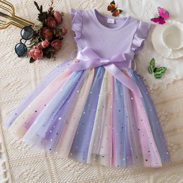 New Girls Dress for Sequins Birthday 1-5Y Toddler Girls Rainbow Tulle Dress Sweet Kids Princess Dress for Girls 2025 Summer Wear 5