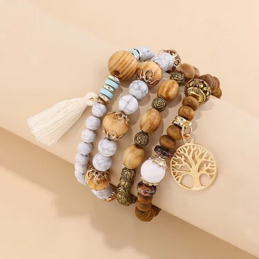 4Pcs/Set Boho Wooden Beaded Bracelet Set For Women Tree Of Life White Tassels Charm Elastic Chain Bangle Lady Bohemia Jewelry 3