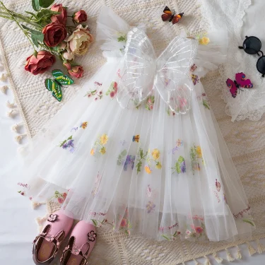 Baby Girls Dress Princess Birthday Party Sweet Baby Girls Dresses Back Bow Wings Fairy Strap Embroidered Butterfly Mesh Dress 6