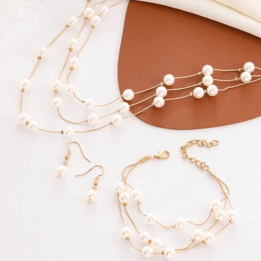 Korean Fashion Multilayer Imitation Pearl Necklace Bracelet Earring Women Temperament Clavicle Chain Jewelry Set Girl Lucky Gift 2