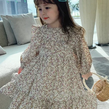 2025 Spring Autumn Girls Dress Floral Korean Long Sleeve Children Girls Dress Ruffle Cotton Baby Girls Princess Dress 3