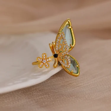 Zircon Crystal Butterfly Flower Rings for Women Open Adjustable Finger Ring Waterproof Fashion Wedding Stainless Steel Jewelry 3