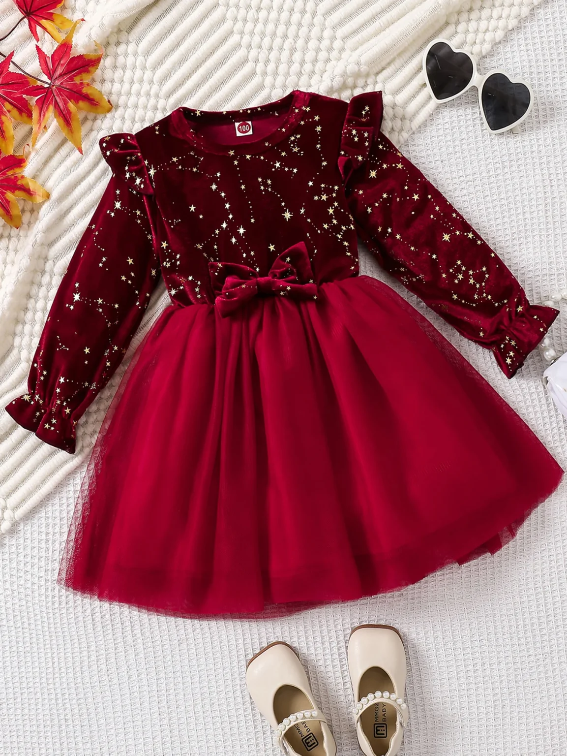 Toddler Girl Party Dress Autumn Winter 1-8 Years Children Christmas And New Year Princess Dress Red Velvet Gown Stars Mesh Dress 1