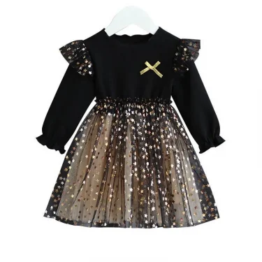 Spring Summer Kid's Clothes Girls Long Sleeve A-line Dresses 1-6 Years Star Sequin Mesh Patchwork Princess Dress 2