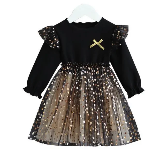 Spring Summer Kid's Clothes Girls Long Sleeve A-line Dresses 1-6 Years Star Sequin Mesh Patchwork Princess Dress 2