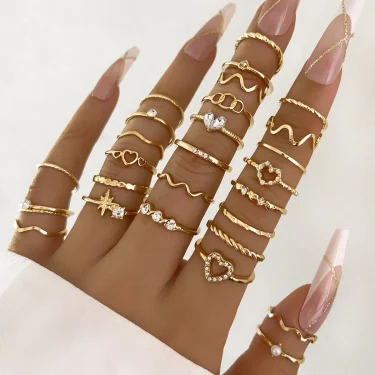 Fashion Simple Wave Joint Rings Set For Women Crystal Heart Shape Gold Silver Color Ring Female Party Jewelry 1