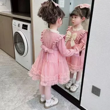 Girls Dress Autumn Girl Red Fluffy Skirt 3-8 Year Old Children Long Sleeved Dress Fashionable Bow Tie Pink Gauze Skirt 5