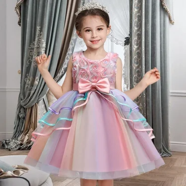 Girls Party Rainbow Unicorn Princess Dress Cake Layers Tutu Prom Gown For Kids Children Wedding Evening Formal Pageant Vestidos 2