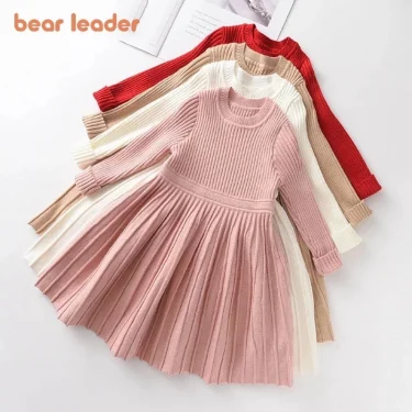 Bear Leader Long Sleeve Sweater Dress Girls Princess Baby Girl Clothes Sweet Tutu Party Dresses Christmas Little Girl Clothes 1