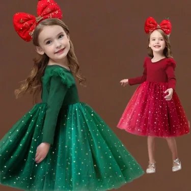 New Girls Christmas Dress Long Sleeve Sequins Mesh Tutu Autumn Winter Princess Dress for Kid Xmas New Year Party Red/Green Dress 3