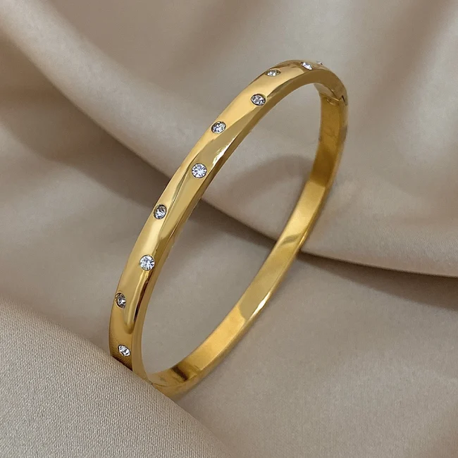 Thin Stainless Steel Round Rhinestones Bangle Bracelet for Women Minimalist Cuff Bangles Waterproof Stackable Jewelry Gifts 4