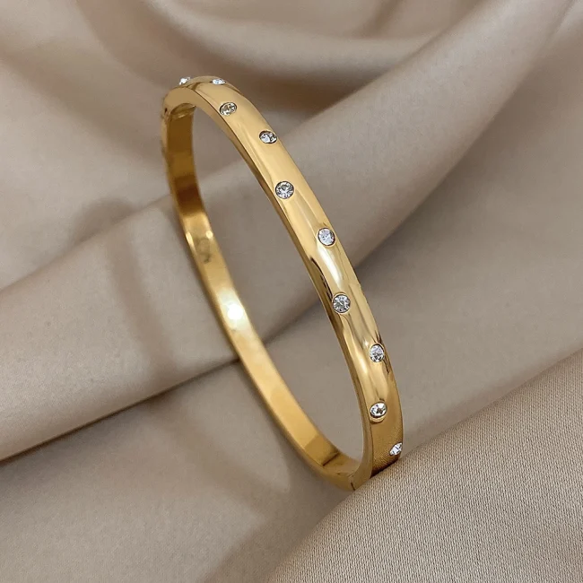 Thin Stainless Steel Round Rhinestones Bangle Bracelet for Women Minimalist Cuff Bangles Waterproof Stackable Jewelry Gifts 2