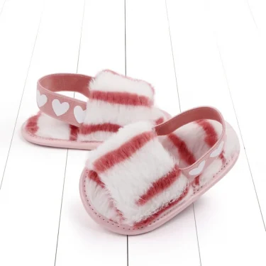 Jlong Autumn Plush Slide Sandal Baby Girls Heart Soft Sole Sandals Infant Toddler Princess Non-slip Crib Shoes 0-18 Months 2