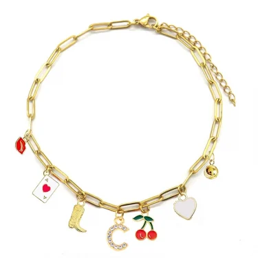 Enamel Red Lips Cherry Boot Letter Charm Bracelet Gold Plated Stainless Steel Chain Bracelets For Women Girls Cowgirl Jewelry 5