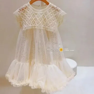 New Girls Princess Dress Casual Spring Summer Children's Wear Korean Pearl Neck Princess Dress Fashion Yarn Dress 4