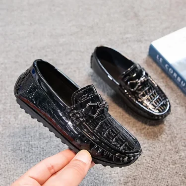 Boys Leather Shoes Round-toe Flat Soft Kids Fashion Casual Loafers Glossy Metal Buckle Children Moccasins Non-slip Britain Style 5