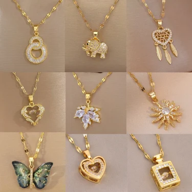 ZAKOL Classic Gold Color Stainless Steel Necklace For Women Shiny Zircon Geometric Heart Pendant Necklaces Jewelry Gift 1