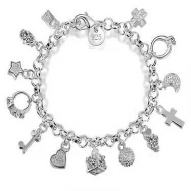 925 Sterling Silver Fashion 13pcs Pendant Chain Charm Bracelet for Women for Teen Girls Lady Gift Women Fine Jewelry 3