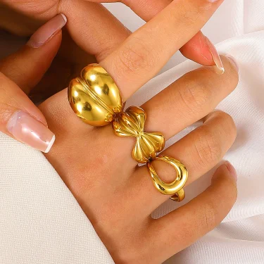 3Pcs/set Stainless Steel Bow Curved Open Adjustable Rings for Women Vintage Gold Color Exaggerated Metal Geometric Ring Jewelry 1