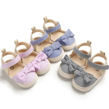 0-18Months Baby Girls Sandals Kids Black Blue Pink Striped Baby Girls Shoes Toddler Cute Bow Tie Soft Shoes Baby Sandals 3