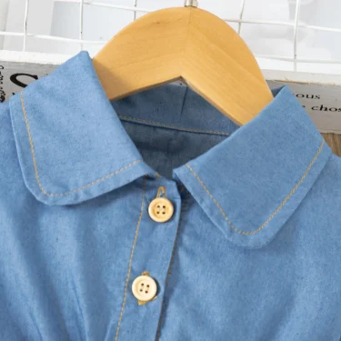 Spring Long Sleeved Dress Girl Denim Blue Dress Fake Two Pieces Tutu Dress For Kids Send Bow Belt 3