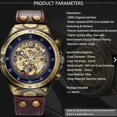 Bronze Retro Skeleton Automatic Mechanical Watch for Men Luminous Hand Brown Genuine Leather Belt Luxury Brand Steampunk Watches 5