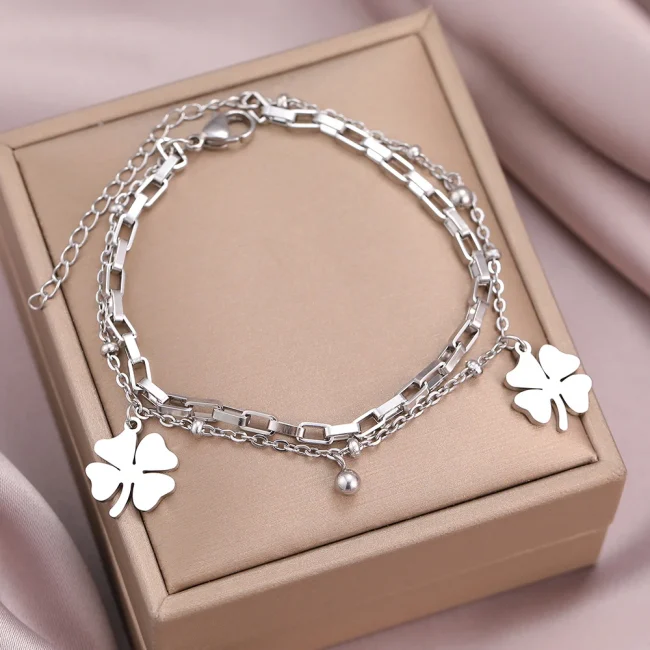 Stainless Steel Bracelets Trendy Fine Bell Clovers Pendant Beads Layer Chain Fashion Bracelet For Women Jewelry Festival Gifts 2