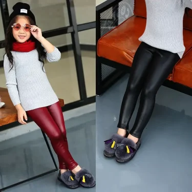 Kids Girls Leggings Autumn Winter Solid Children Warm Trousers Girl Casual PU Leather Pencil Pants Cute Toddler Leegings 6